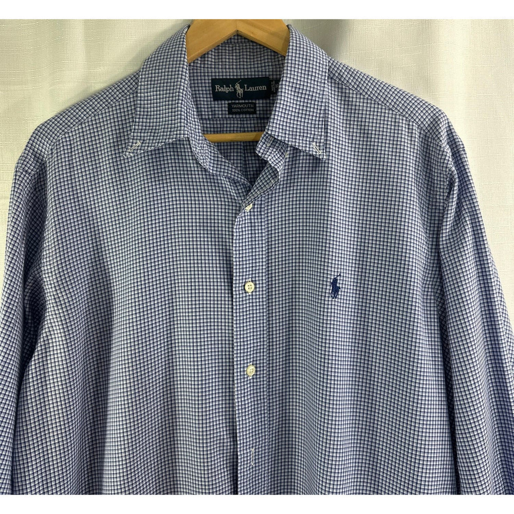 RALPH LAUREN 90s VTG Long Sleeve Navy Pony Yarmouth Blue Check Shirt Sz 16 32/33 - Picture 2 of 5
